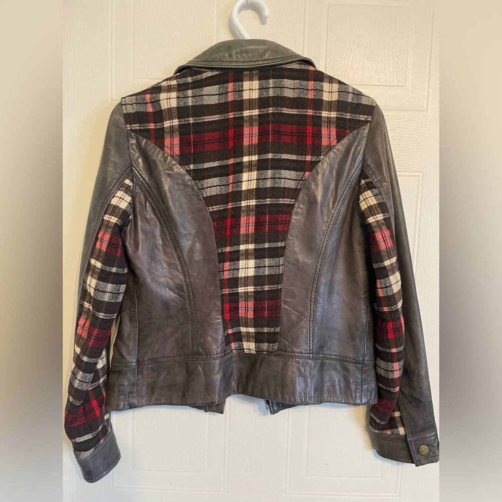 Betty Barclay Size 4 Leather & Plaid Wool Moto Jacket Mixed Media European - Picture 8 of 16